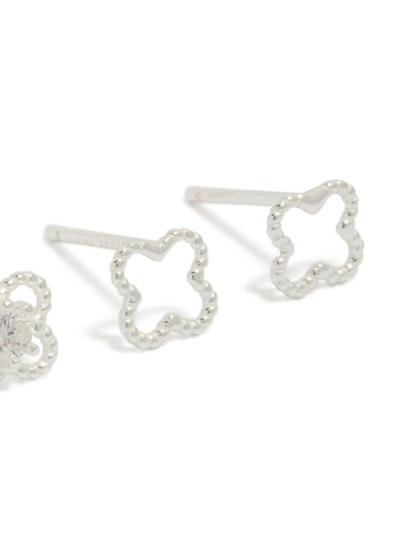 Sterling Silver Cubic Zirconia Flower Stud Earrings 2-Pack
