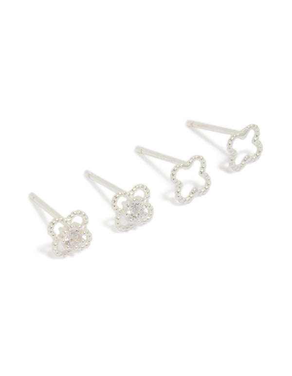 Sterling Silver Cubic Zirconia Flower Stud Earrings 2-Pack