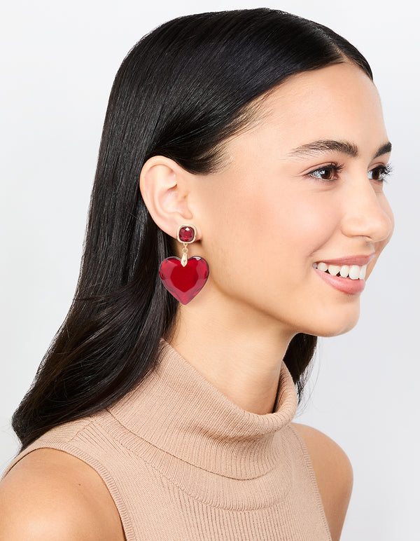 Gold Red Acrylic Heart Drop Earrings