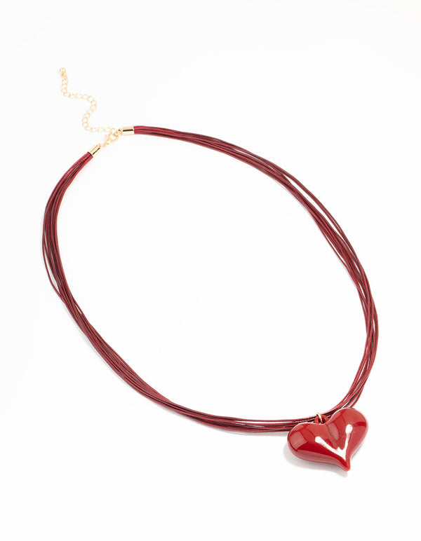 Red Acrylic Puffy Heart Metallic Cord Necklace