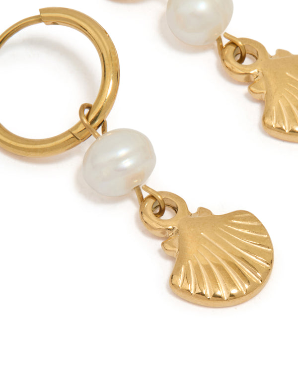 Waterproof Gold Plated Stainless Steel Pearl Shell Drop Huggie Earrings