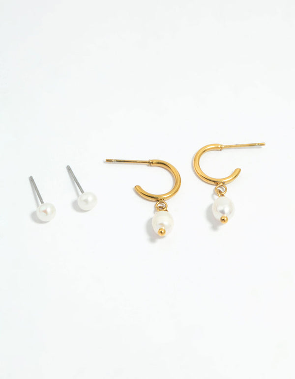 Waterproof Gold Plated Stainless Steel Pearl Dainty Earrings 2-Pack