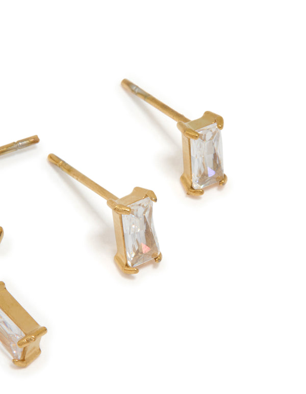 Waterproof Gold Plated Stainless Steel Cubic Zirconia Rectangle Stud & Hoop Earrings 2-Pack