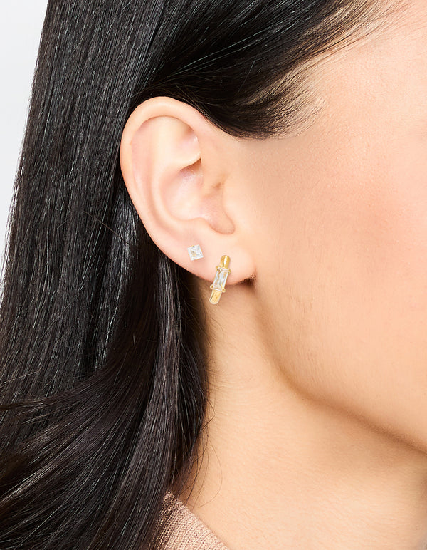 Waterproof Gold Plated Stainless Steel Cubic Zirconia Stud & Huggie Earrings 2-Pack