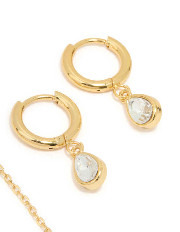 Waterproof Gold Plated Stainless Steel Cubic Zirconia Chain Droplet Earrings 2-Pack
