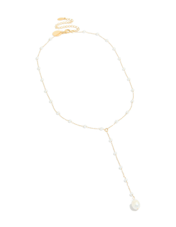 Stunning waterproof gold plated stainless steel pearl Y-necklace with dainty design front view