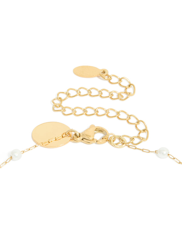 Featuring waterproof gold plated stainless steel pearl Y-necklace with dainty design clasp detail view