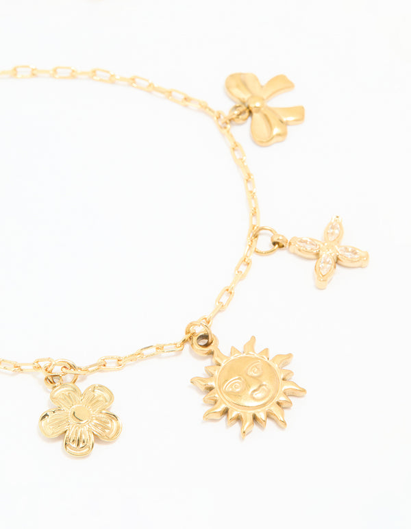 Waterproof Gold Plated Stainless Steel Flower & Sun Charm Bracelet