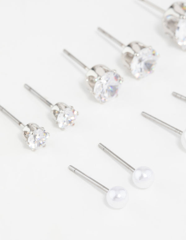 Silver Pearl & Cubic Zirconia Stud Earrings 6-Pack