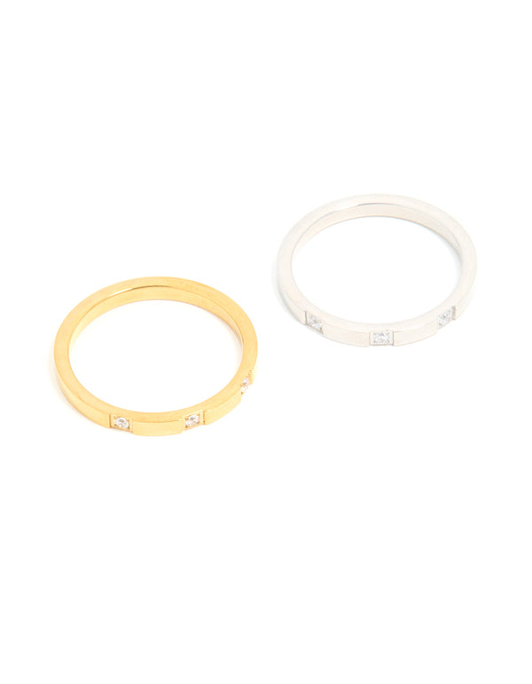 Shop waterproof mixed stainless steel cubic zirconia rings in a 2-pack featuring gold and silver tones with clear stones front view
