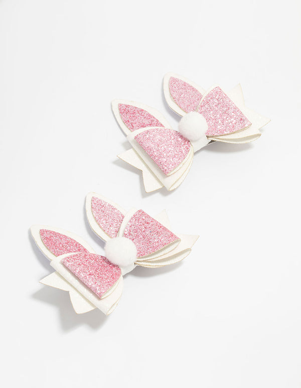 Kids Bunny Pom Pom Bow Fabric Hair Clips 2-Pack