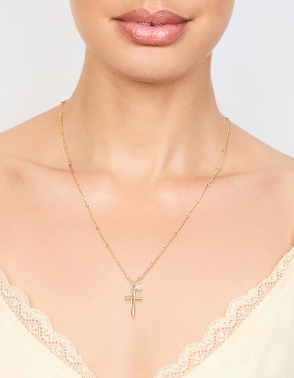 Gold Plated Cubic Zirconia Cross Pendant Necklace