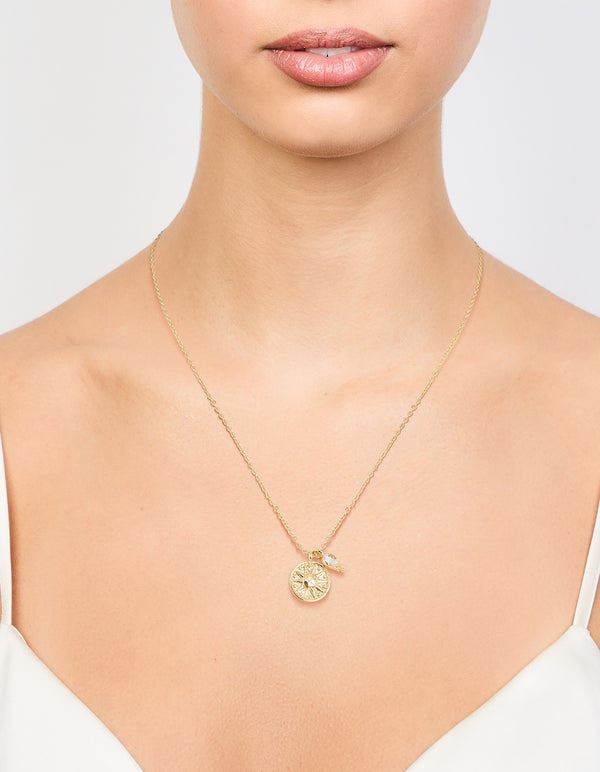 Gold Plated Star Disc & Cubic Zirconia Drop Pendant Necklace