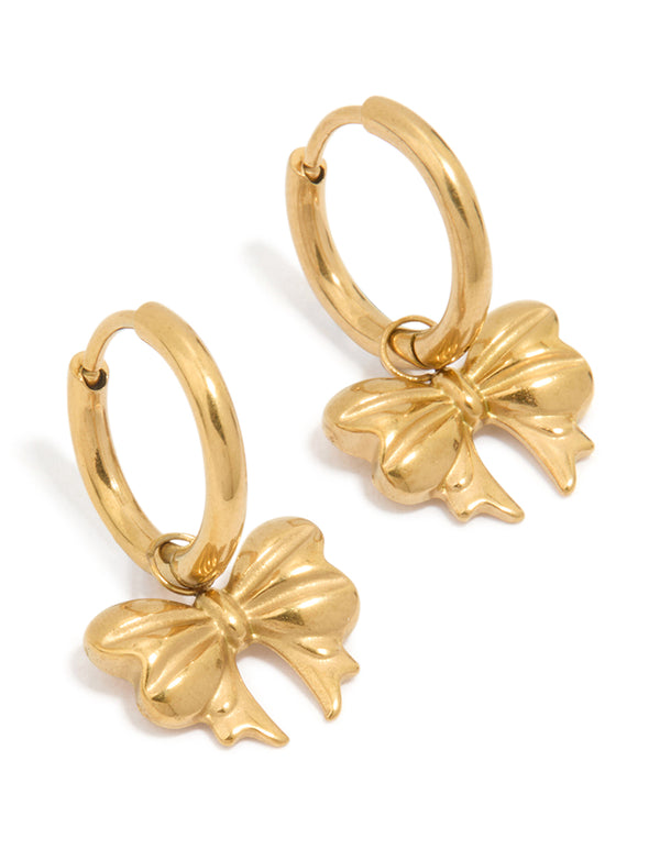 Featuring bow hoop earrings crafted from waterproof stainless steel with gold plated finish front view