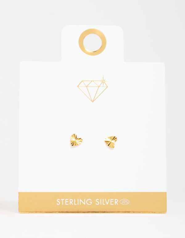 Gold Plated Sterling Silver Ribbed Heart Stud Earrings