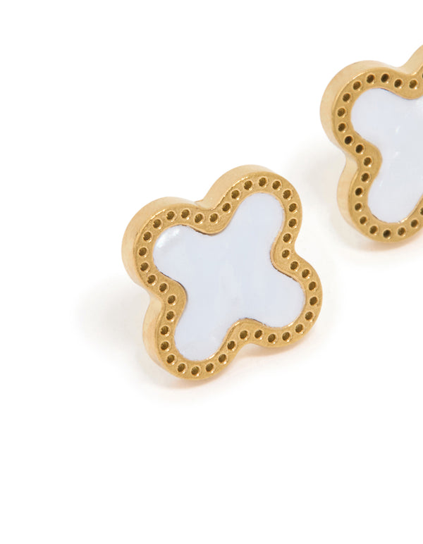Crafted from waterproof stainless steel with floral enamel detail and gold plated finish stud earrings close up view