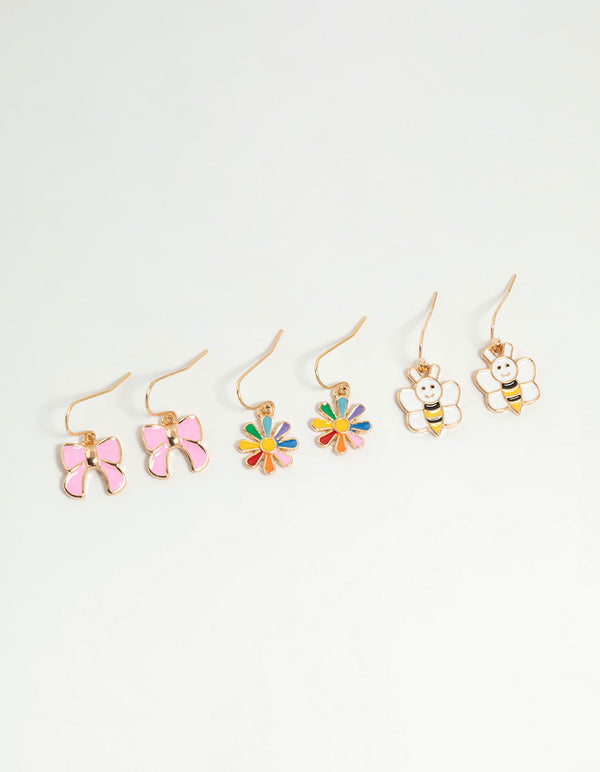 Kids Gold Bow & Bee Drop Earrings 3-Pack