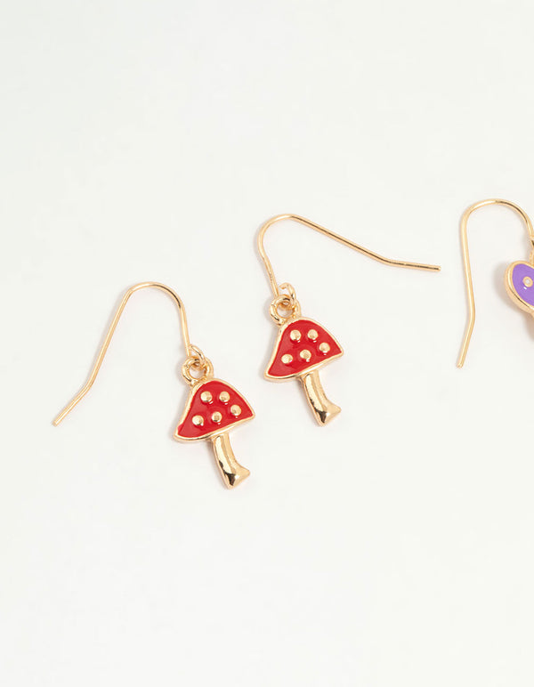 Kids Gold Toadstool Heart Drop Earrings 3-Pack