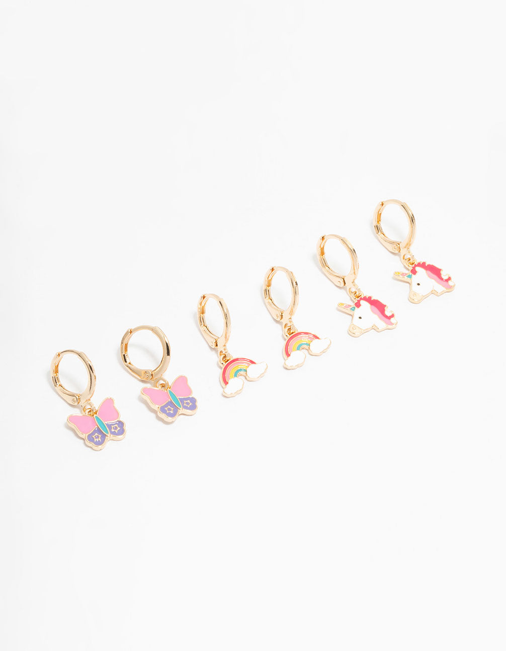 Kids Gold Pastel Unicorn & Butterfly Huggie Earrings 3-Pack