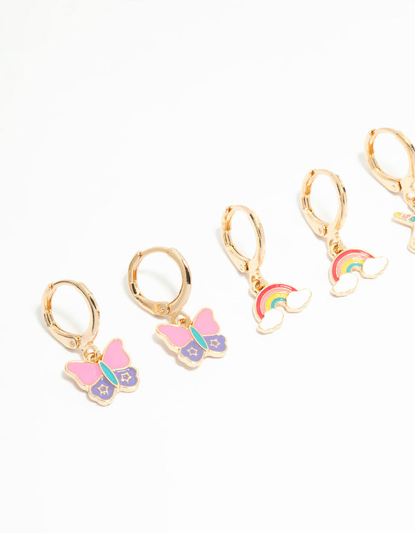 Kids Gold Pastel Unicorn & Butterfly Huggie Earrings 3-Pack
