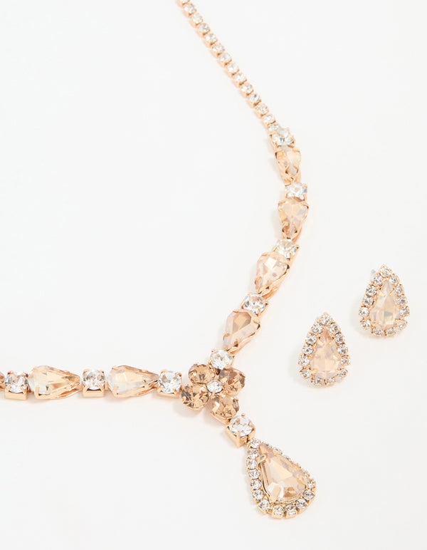 Rose Gold Diamante Necklace & Earrings Set
