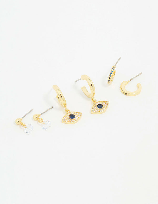 Gold Plated Cubic Zirconia Evil Eye Earrings 3-Pack