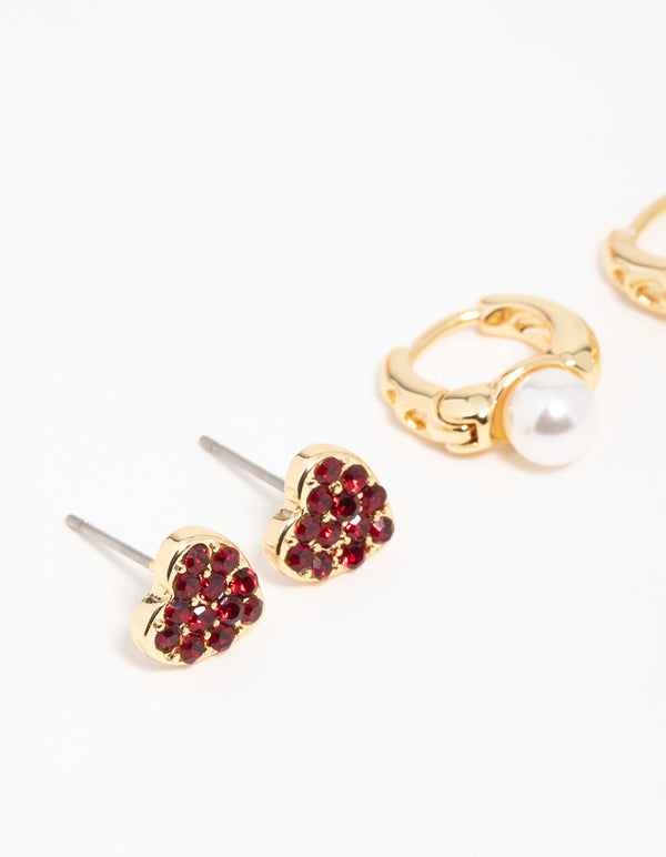 Gold Chunky Heart Stud Earrings 3-Pack