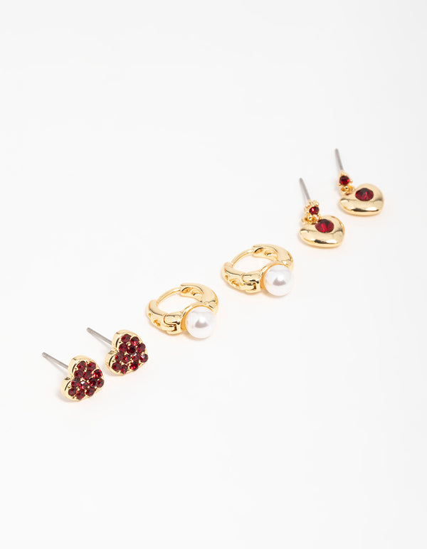 Gold Chunky Heart Stud Earrings 3-Pack