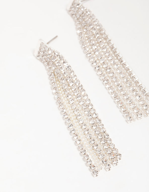 Silver Diamante Chain Tassel Drop Earrings