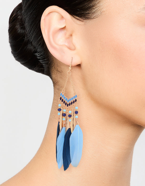 Gold Blue Feather Tassel Drop Earrings