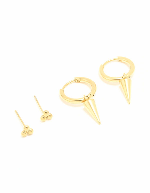 Waterproof Gold Plated Stainless Steel Dagger Huggie & Stud Earrings 2-Pack