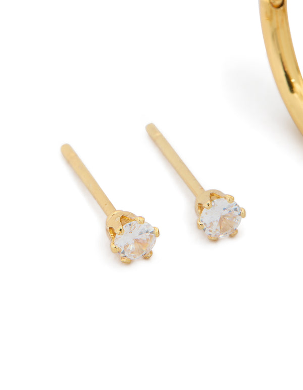 Waterproof Gold Plated Surgical Steel Mini Cubic Zirconia Earrings 2-Pack