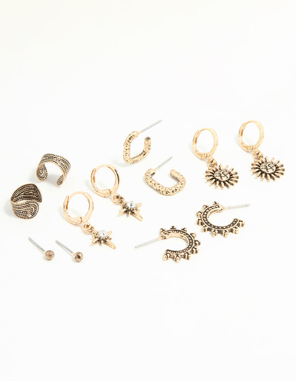 Antique Gold Sun & Star Huggie & Stud Earrings 6-Pack