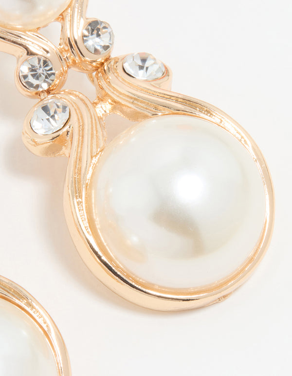 Gold Pearl Diamante Doorknocker Drop Earrings