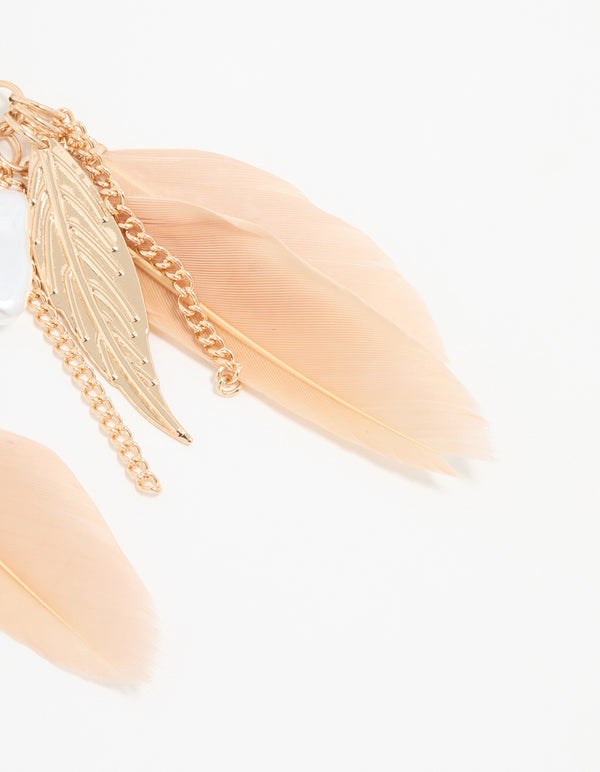 Gold Pearl Leaf Feather Hook Earrings
