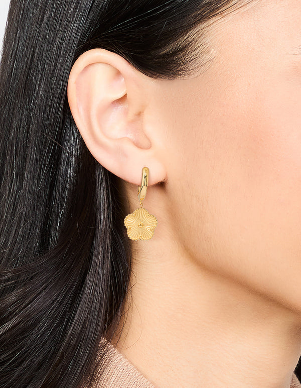 Waterproof Gold Plated Stainless Steel Flower Drop Hoop Earrings