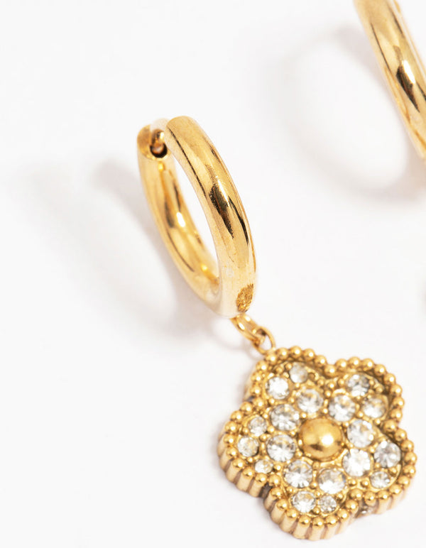 Waterproof Gold Plated Stainless Steel Cubic Zirconia Flower Drop Hoop Earrings