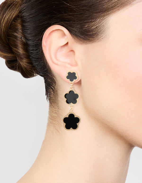 Gold Black Flower Drop Earrings