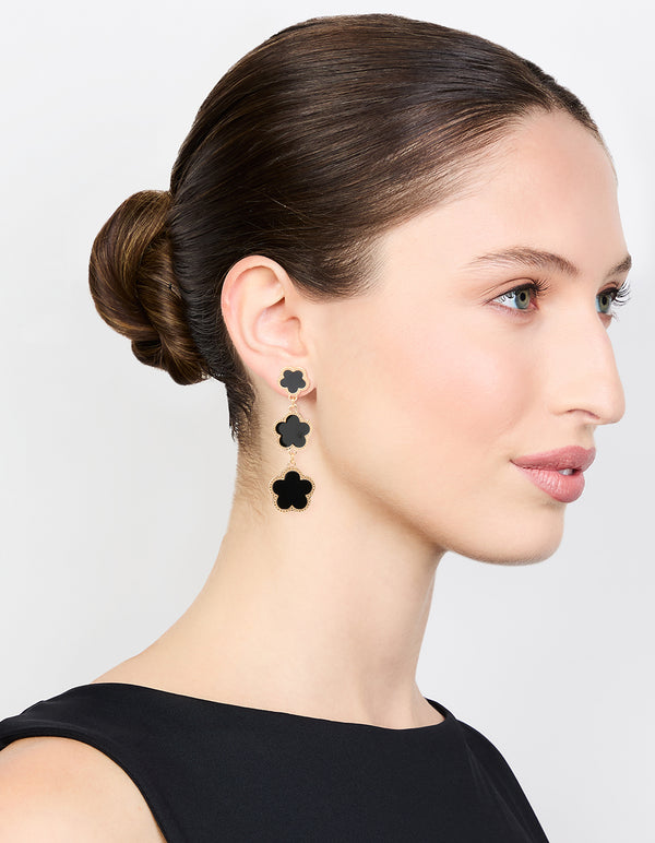 Gold Black Flower Drop Earrings