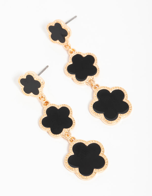 Gold Black Flower Drop Earrings