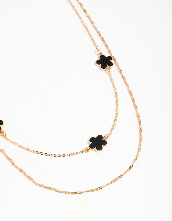 Gold Black Black Flower Layered Necklace
