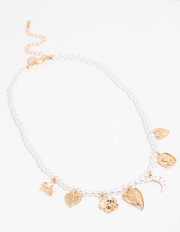 Gold Pearl Celestial Charm Necklace
