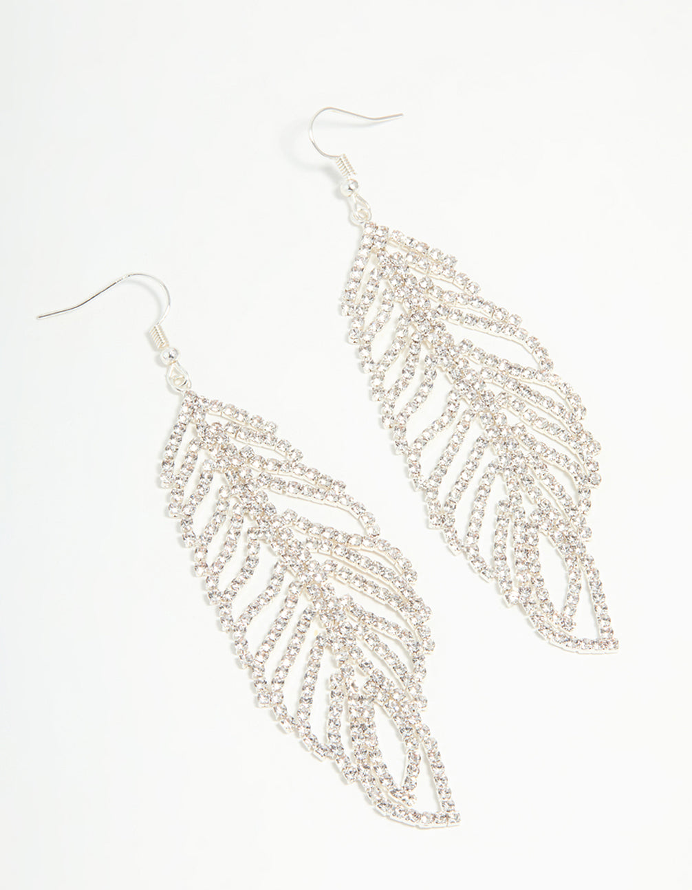 Silver Diamante Large Leaf Outline Hook Drop Earrings