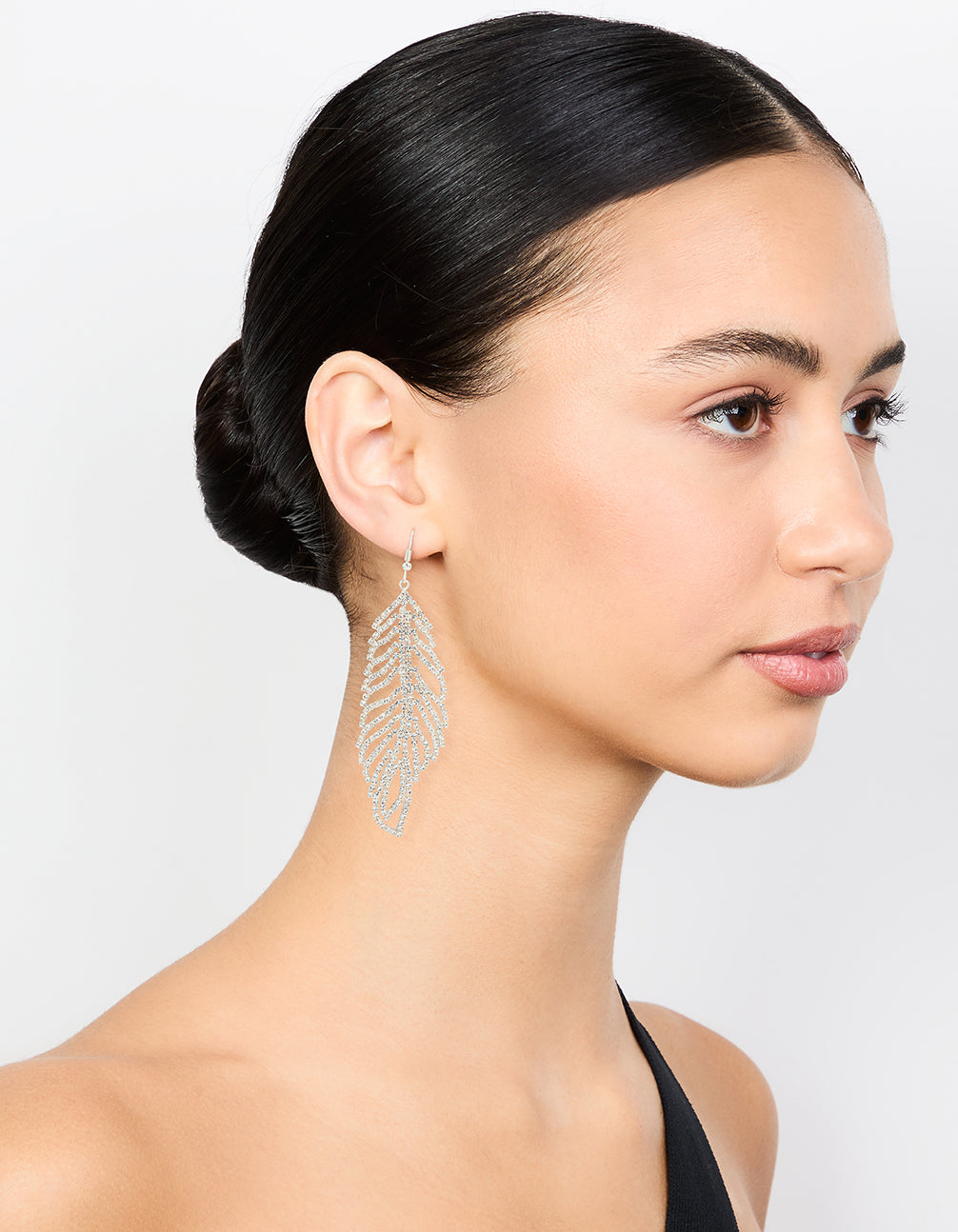 Silver Diamante Large Leaf Outline Hook Drop Earrings