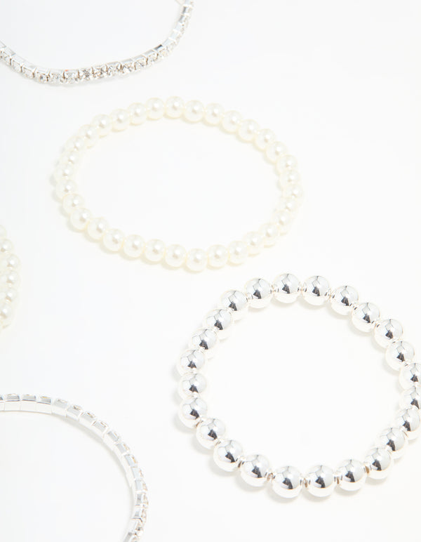 Silver Diamante & Pearl Ball Bracelets 9-Pack
