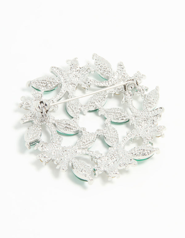 Silver Green Diamante Floral Circle Brooch
