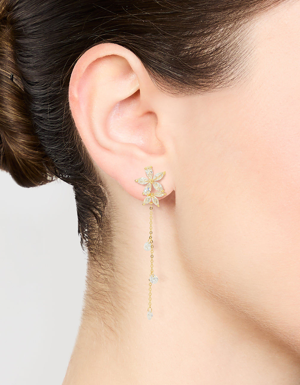 Gold Plated Cubic Zirconia Flower Chain Drop Earrings