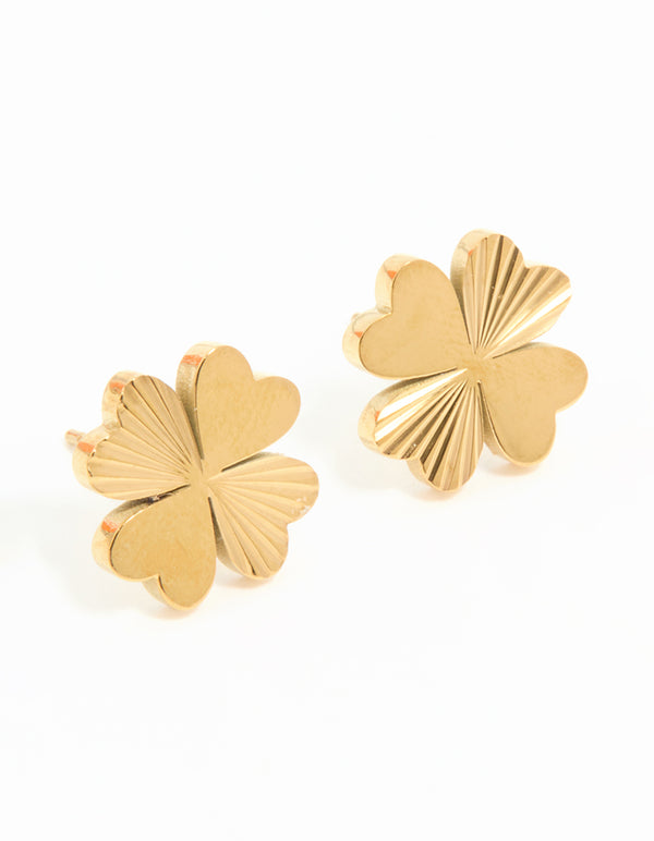 Waterproof Gold Plated Stainless Steel Ribbed Clover Stud Earrings