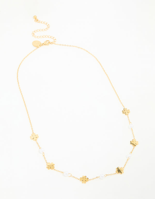 Waterproof Gold Plated Stainless Steel Pearl & Clover Pendant Necklace