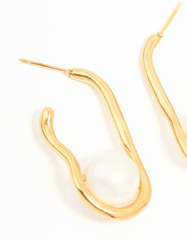 Waterproof Gold Plated Stainless Steel Pearl Twist Hoop Earrings